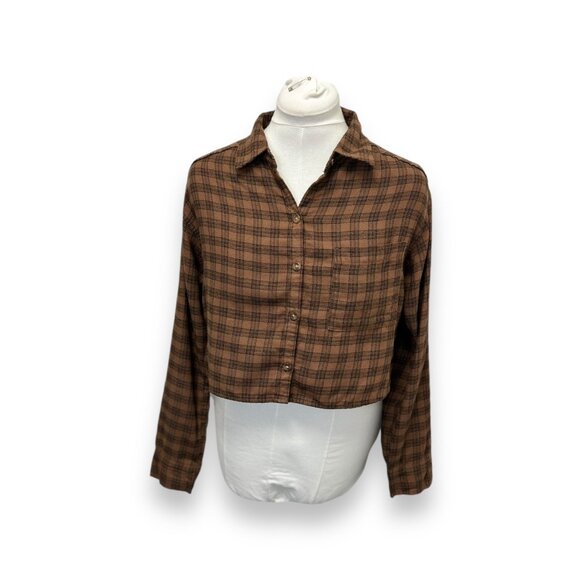 Hollister Womens Brown Plaid Oversized Boxy Cropped Button-Down Flannel Shirt XS - Picture 1 of 11